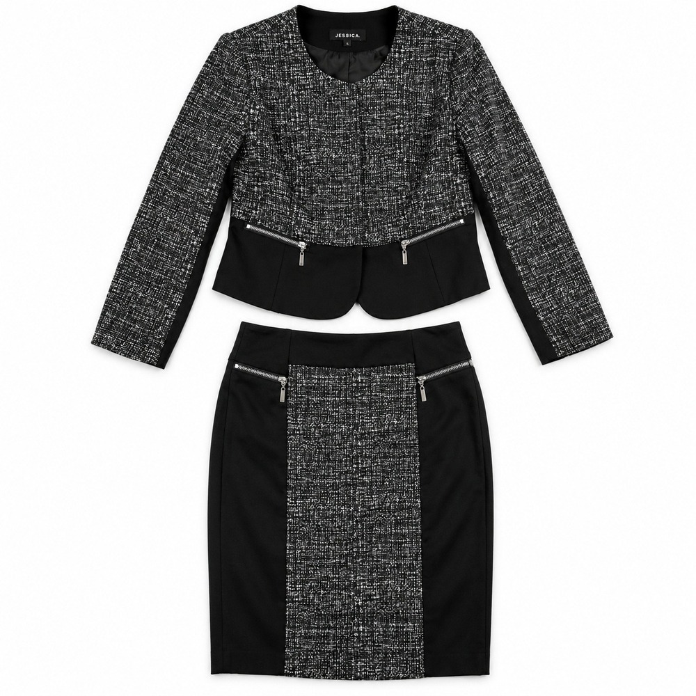 Jessica Skirt Suit Women 10P Black White Tweed Jacket Pencil Skirt 2 Piece Set